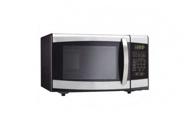 danby designer microwave black stainless steel front white background