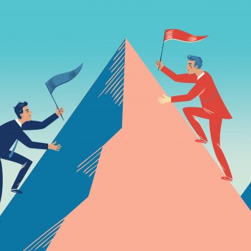 two cartoon men competing to climb a mountain 