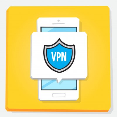 VPN logo on an android phone in cartoon styling.
