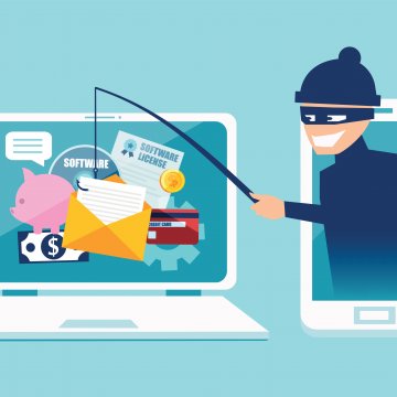 Cartoon criminal phishing online