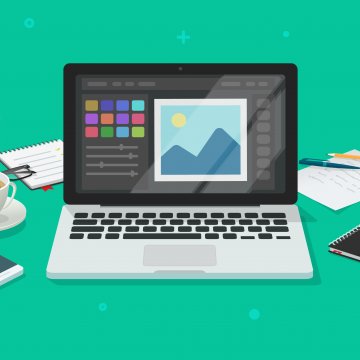 Cartoon image of laptop open with a program running