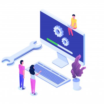 Cartoon people fixing computer