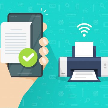 Sending a fax from your phone to a printer online in cartoon images.