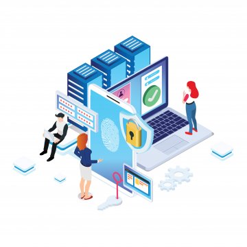 Cartoon people working around computers and security.