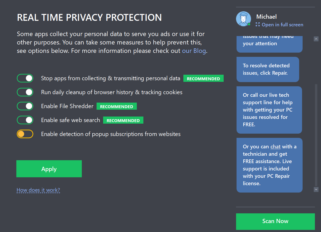 Real time protection screen