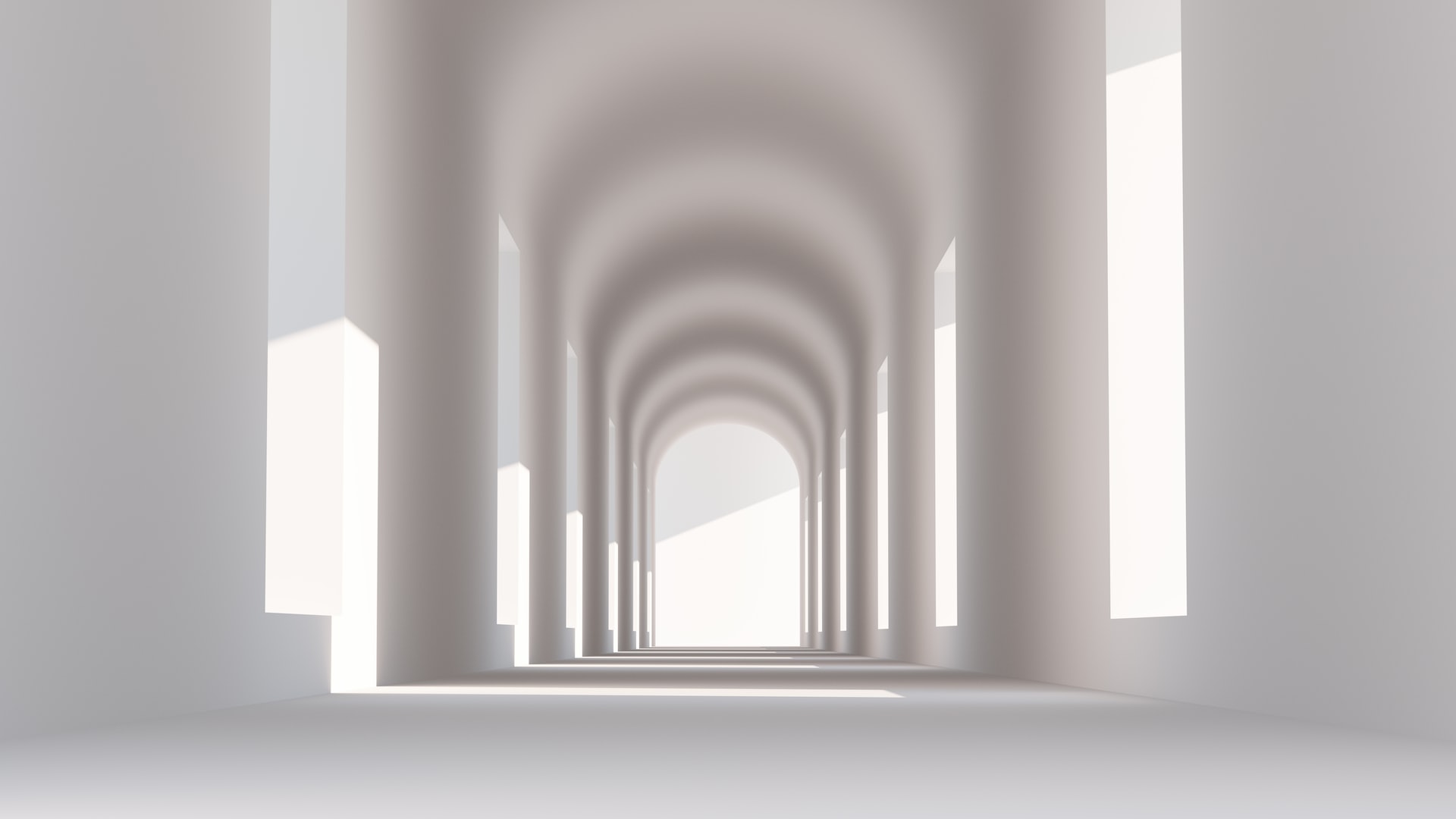 rendering of a white hall with window holes on the side