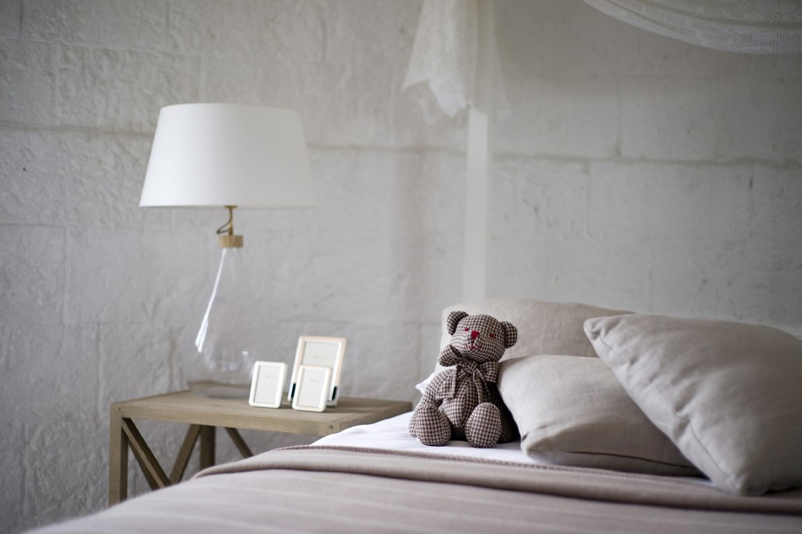 stuffed bear on a bed