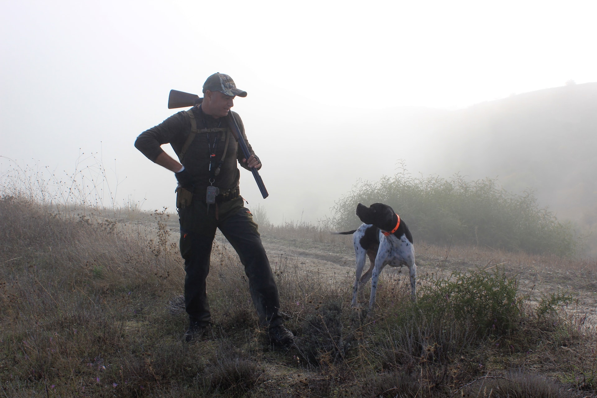 a person outside with their dog, and an air gun on their shoulder