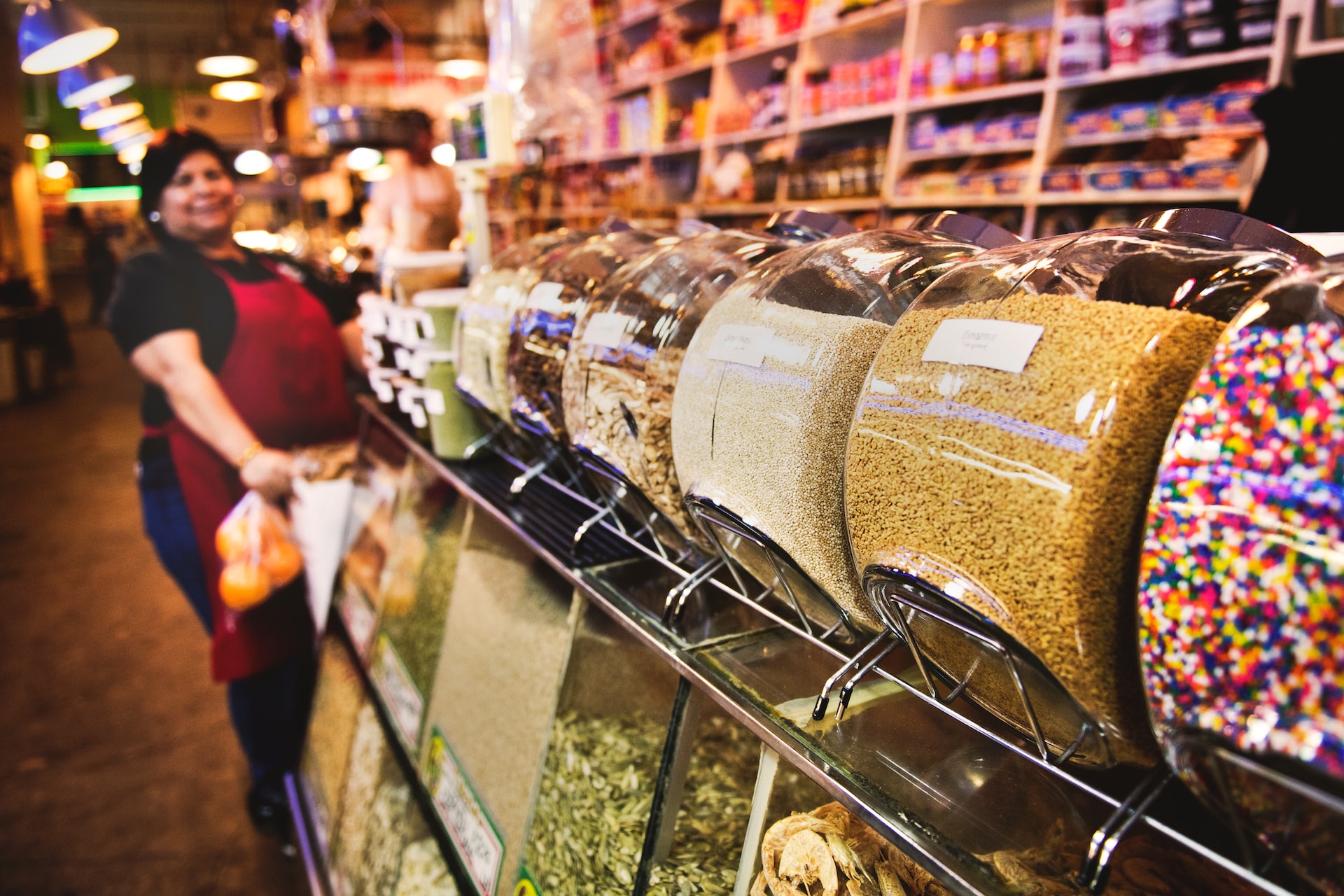 candy and other goods in bulk containers in a store