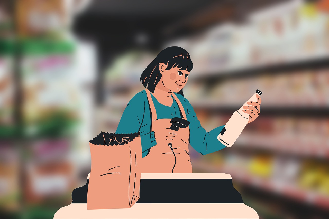 a drawing of a cartoon cashier checking out a bottle