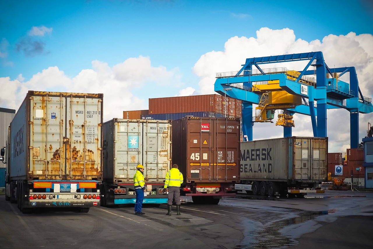 a blue crane loading freight containers for transport