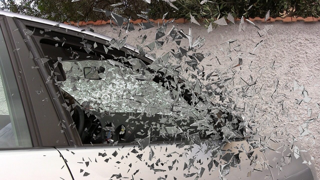 broken glass from the impact of a car accident