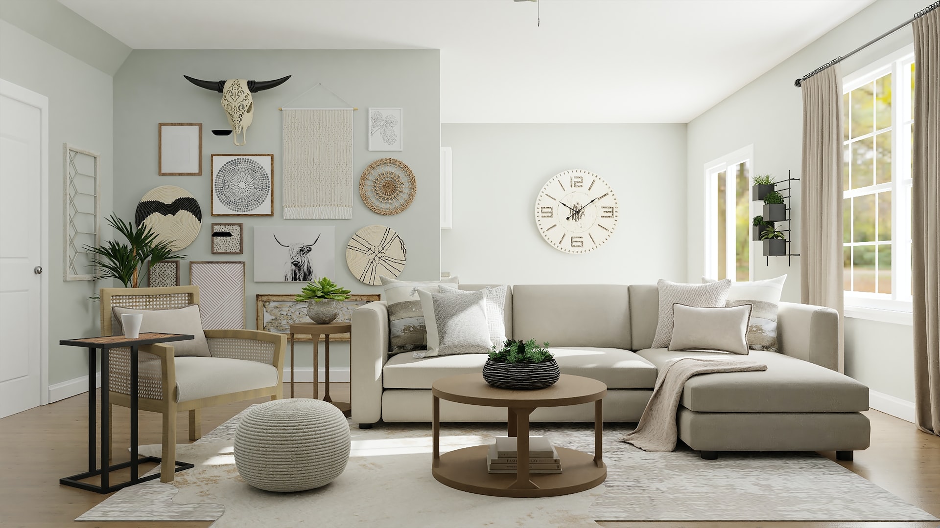 clean living room with light shades of furniture 