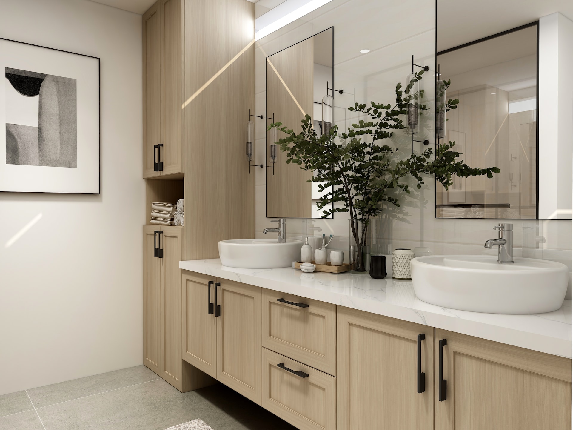 beige themed bathroom with open space