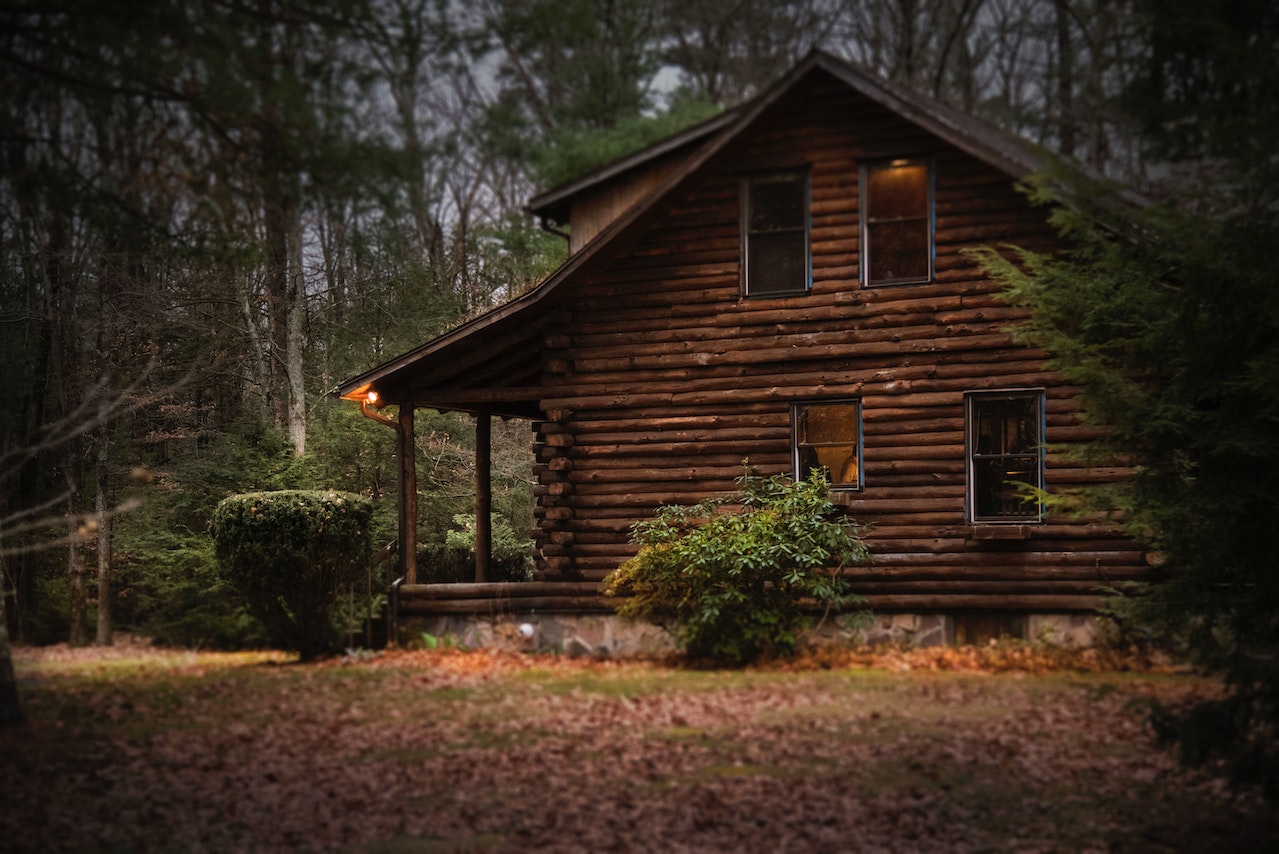 well kept log cabin in the woods