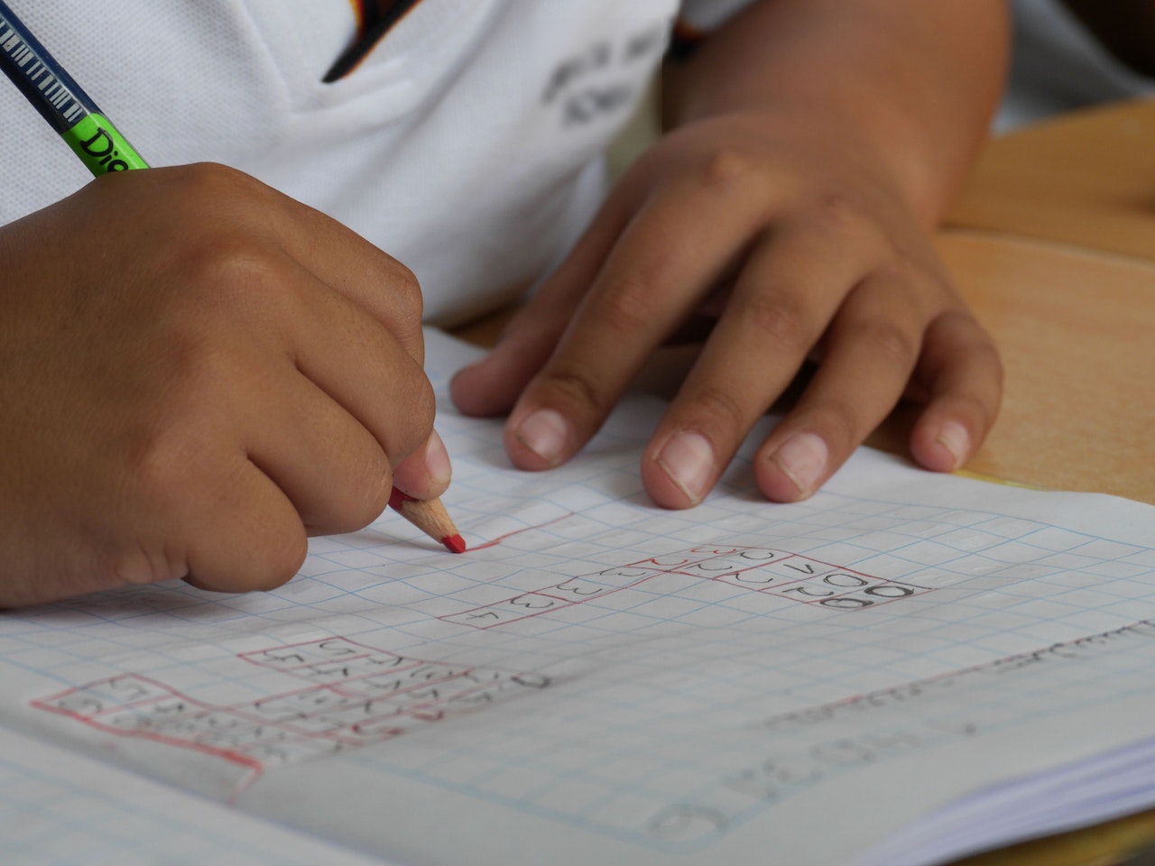 person doing work in a schoolbook with a red pencil