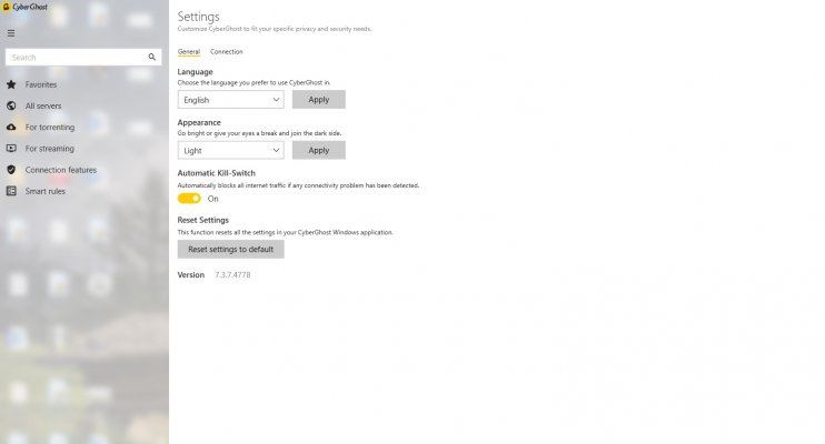 cyberghost vpn settings screenshot