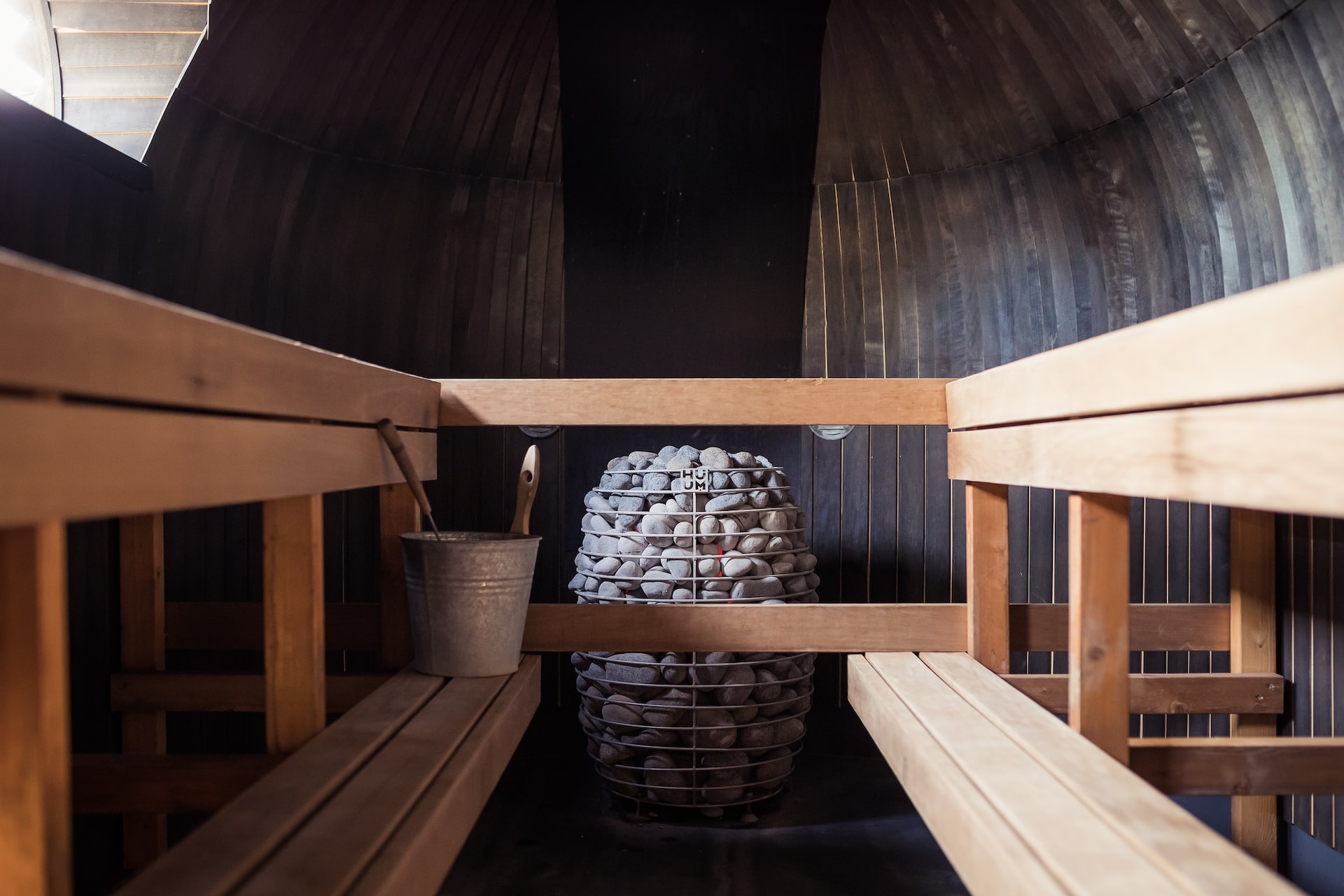 clean sauna with rocks for heating