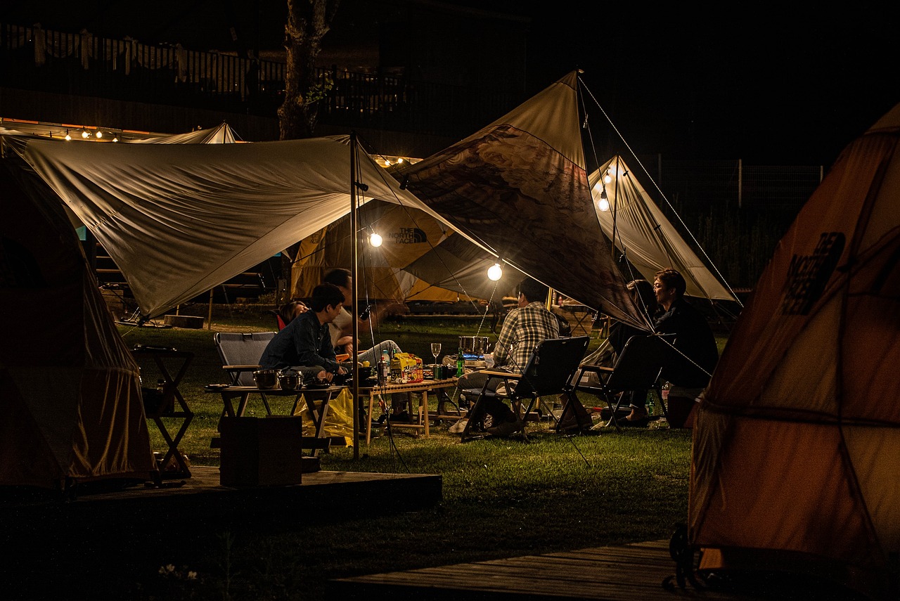 cooking dinner in a tented area on a camping trip