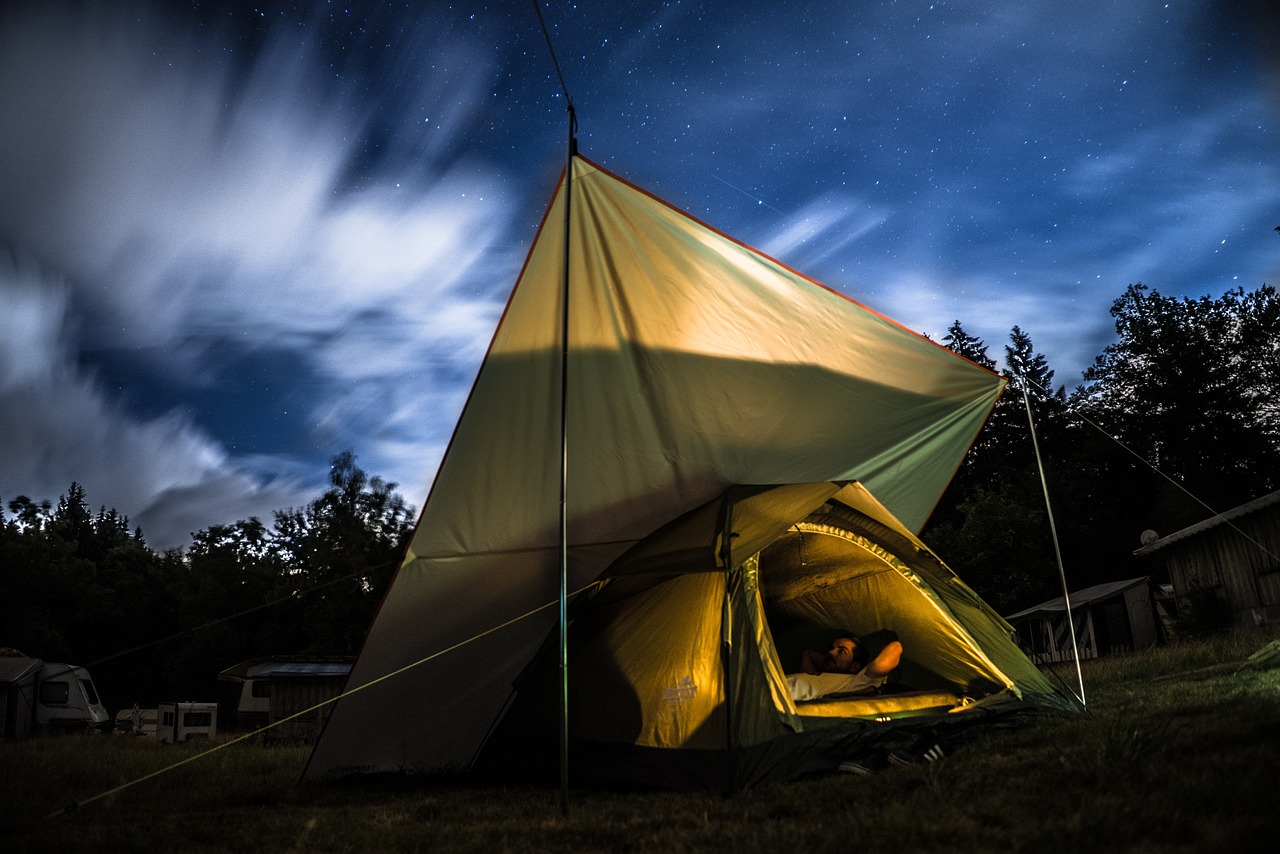 nice tent setup at night on a camping trip