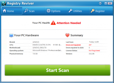 Registry Reviver registry cleaners screenshot start scan