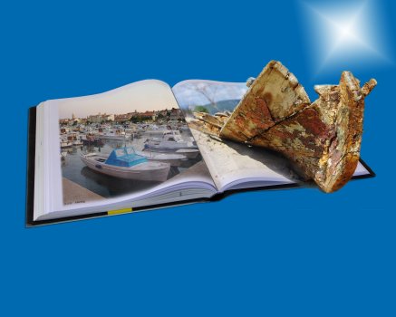photo book on blue background, photos of boats, mixbook
