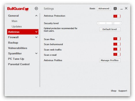 bullguard antivirus anti malware settings window