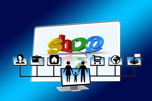 screen displaying the word shop, family on screen, shopping cart, ecommerce, corecommerce 