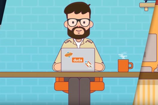 duda website builder cartoon man laptop
